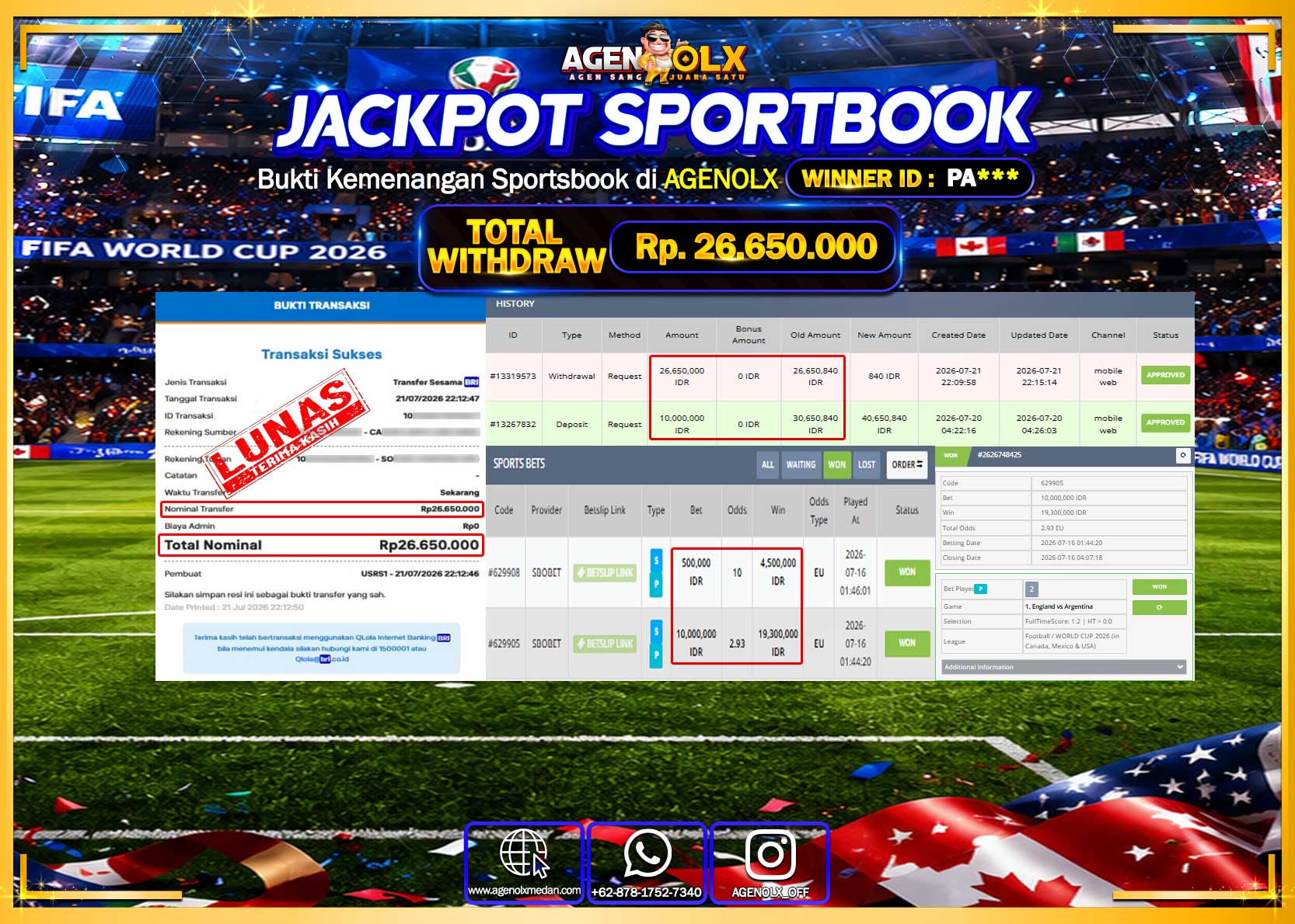 AGENOLX JACKPOT SPORTBOOK SBOBET Rp 26.650.000 - LUNAS