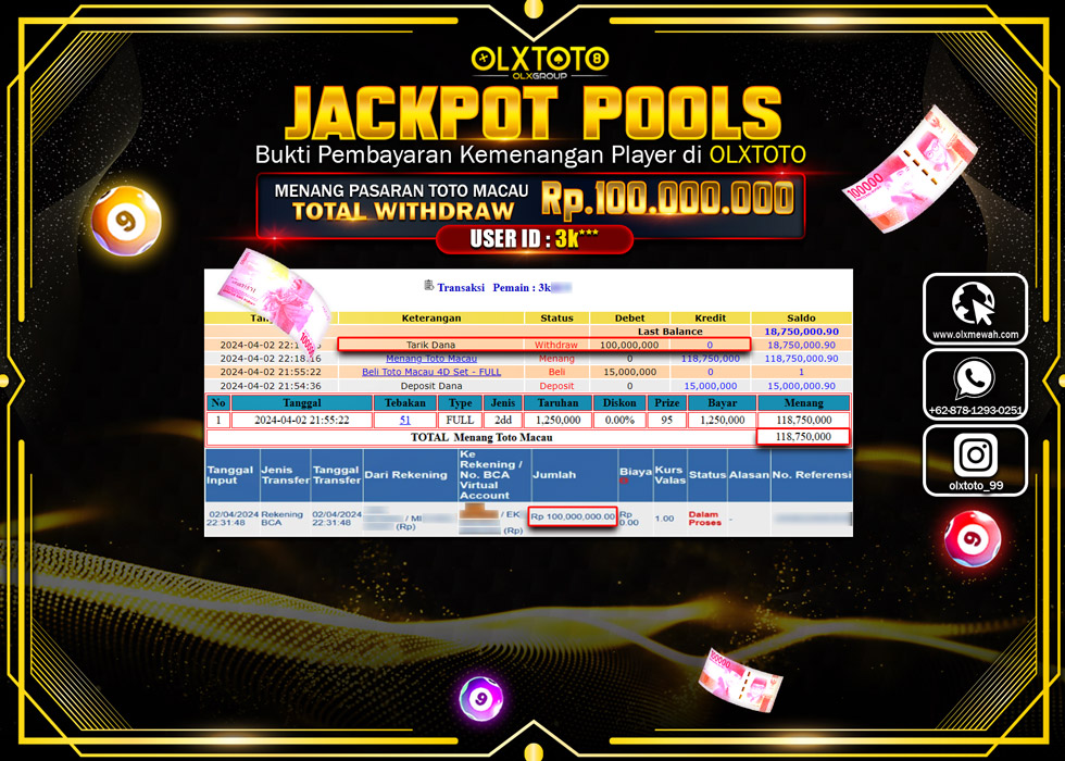 OLXTOTO JACKPOT TOGEL PASARAN TOTO MACAU  Rp.100.000.000.,- LUNAS