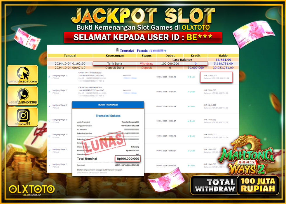 OLXTOTO JACKPOT  SLOT MAHJONG WAYS 2 Rp.100.000.000.,- LUNAS