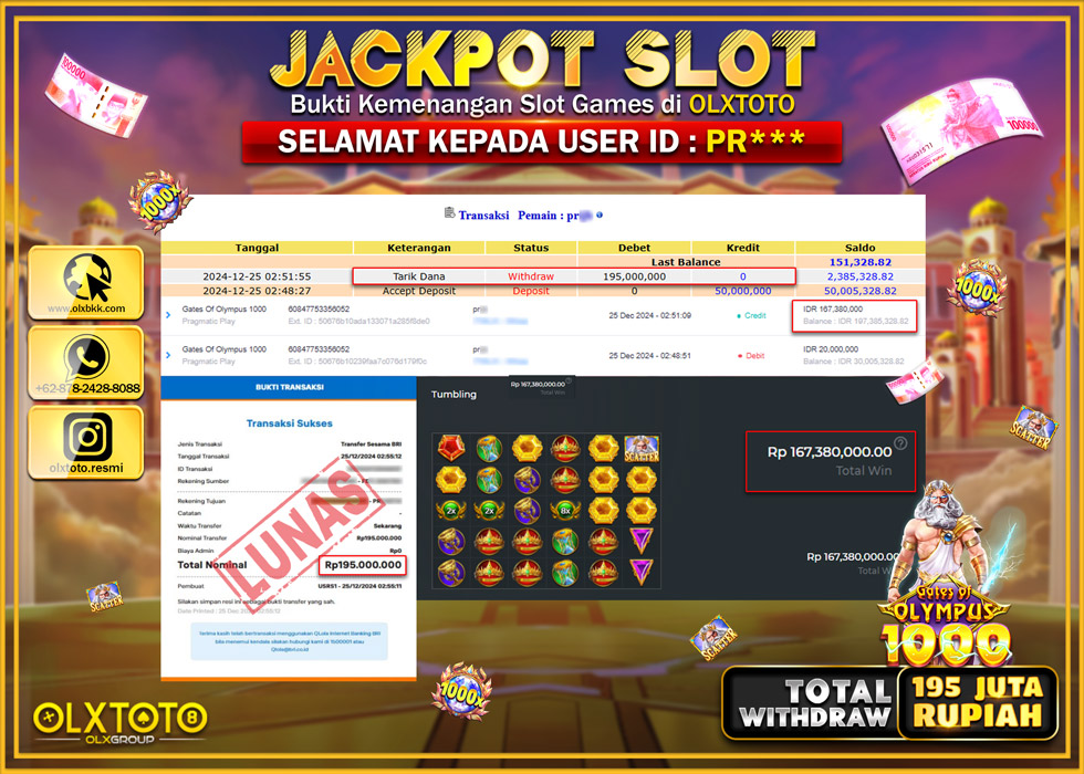 OLXTOTO JACKPOT  SLOT GATES OF OLYMPUS 1000  Rp.195.000.000.,- LUNAS
