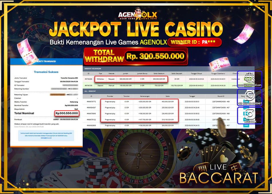 AGENOLX JACKPOT LIVE CASSINO Rp 300.550.000,- LUNAS