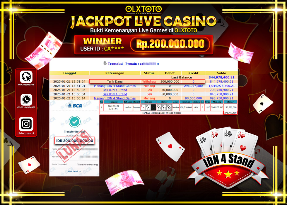 OLXTOTO JACKPOT  LIVE GAMES IDN 4 STAND Rp.200.000.000.,- LUNAS