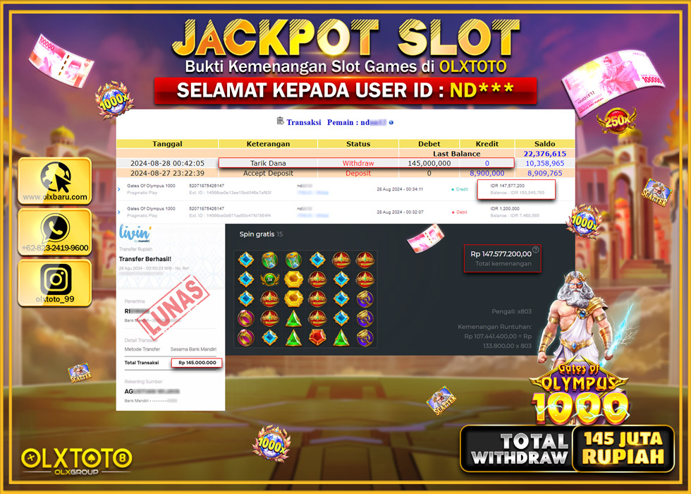 OLXTOTO JACKPOT  SLOT GATES OF OLYMPUS 1000 Rp.145.000.000.,- LUNAS