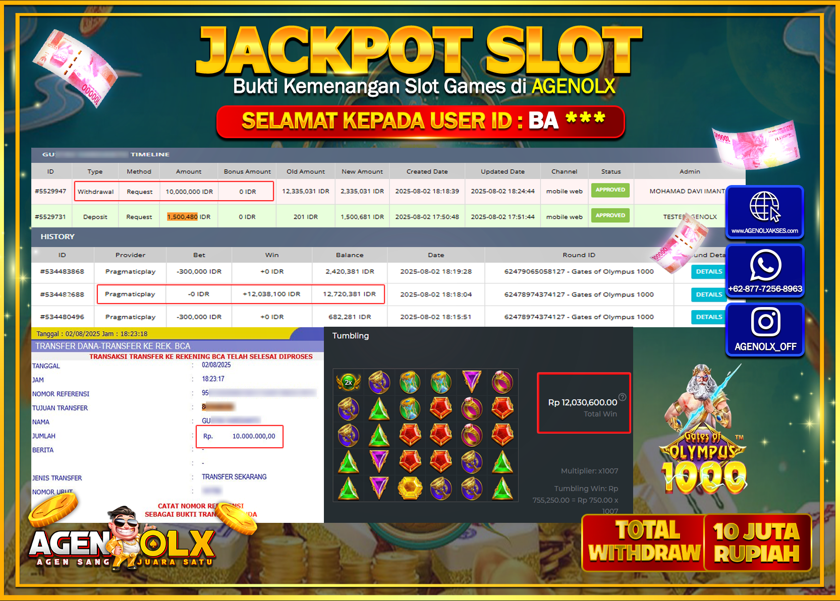 AGENOLX JACKPOT SLOT GATES OF OLYMPUS 1000 Rp 10.000.000,- LUNAS