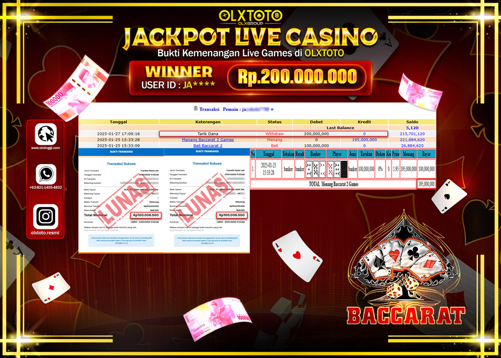 OLXTOTO JACKPOT  LIVE GAMES BACCARAT Rp.200.000.000.,- LUNAS