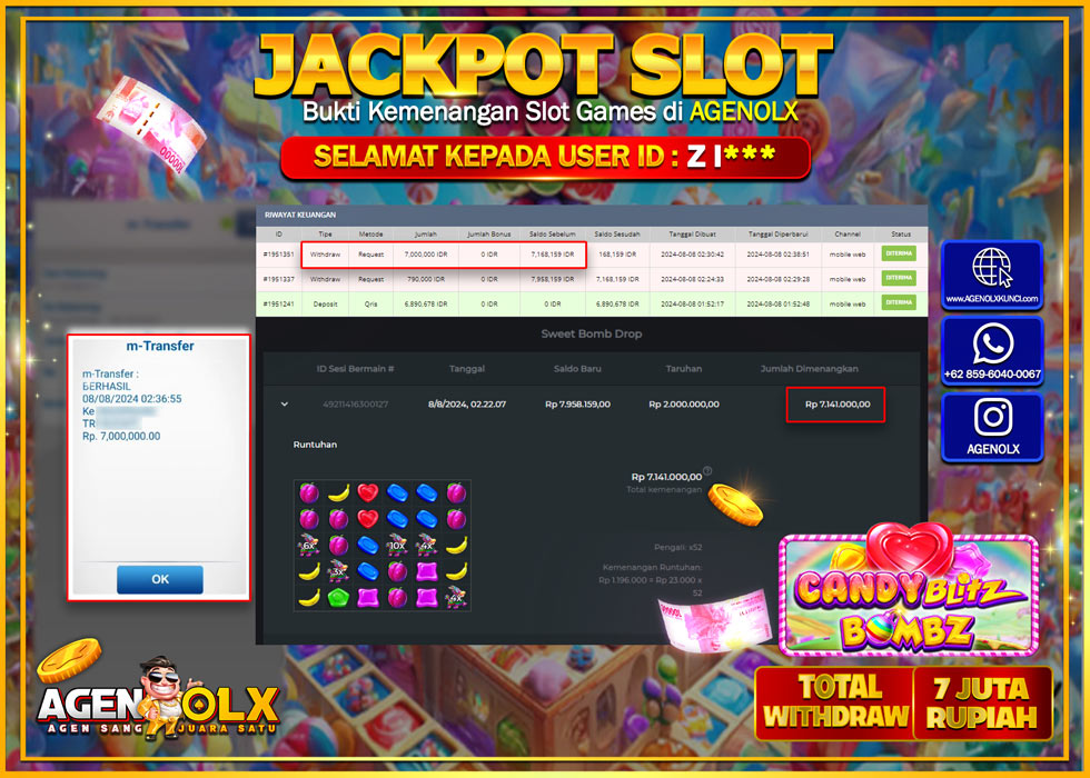 AGENOLX JACKPOT SLOT CANDY BLITZ BOMBZ Rp.7.000.000,- LUNAS
