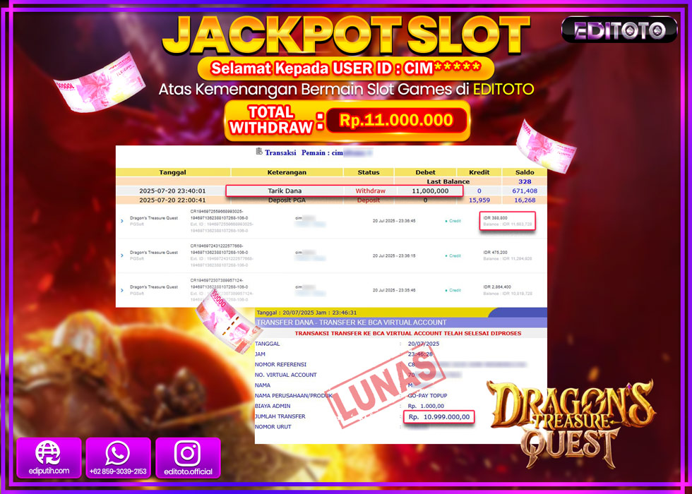 JACKPOT EDITOTO SLOT DRAGONS TREASURE QUEST Rp.11.000.000,- LUNAS 