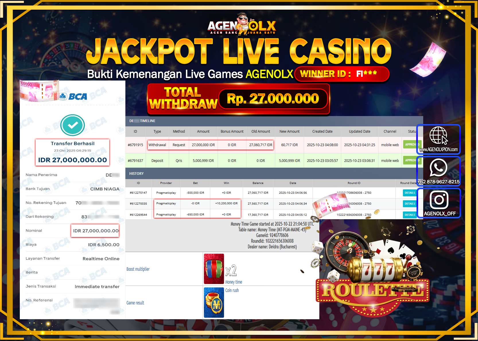 AGENOLX JACKPOT LIVE CASINO MONEY TIME GAME   Rp 27,000,000,- LUNAS