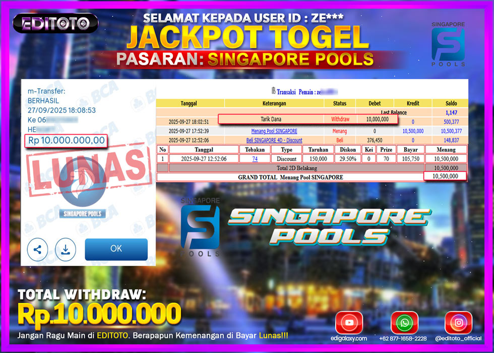 JACKPOT EDITOTO TOGEL PASARAN SINGAPORE POOLS Rp.10.000.000.,- LUNAS 