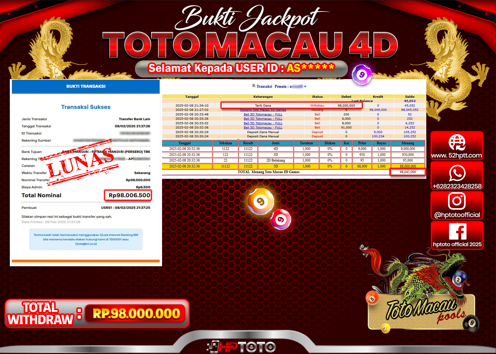 HPTOTO JACKPOT TOGEL PASARAN TOTOMACAU Rp.98.000.000,- LUNAS