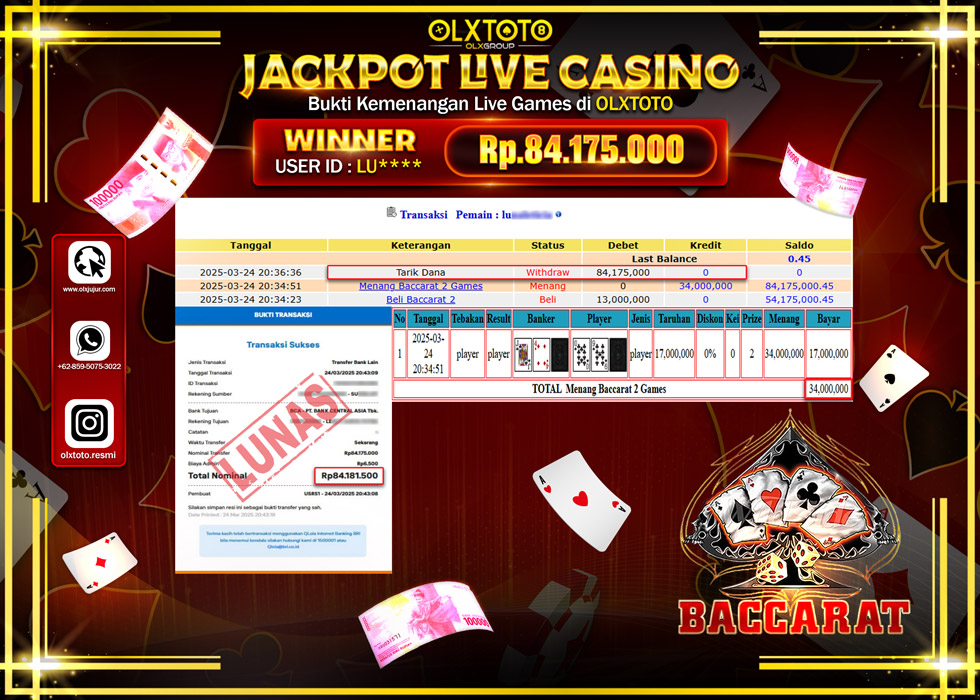 OLXTOTO JACKPOT  LIVE GAMES BACCARAT 2 Rp.84.175.000.,- LUNAS