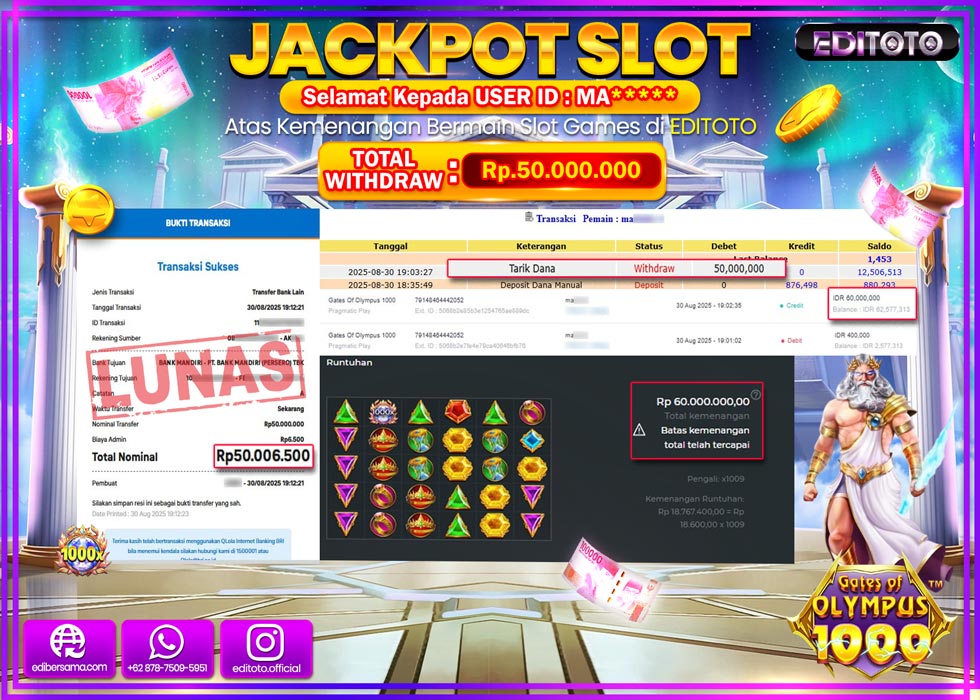 JACKPOT EDITOTO SLOT GATES OF OLYMPUS 1000 Rp.50.000.000,- LUNAS 