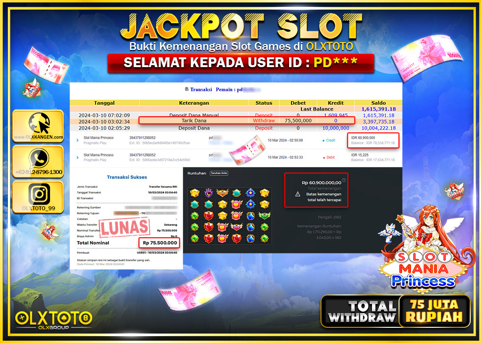 OLXTOTO JACKPOT SLOT MANIA PRINCESS Rp.75.000.000.,- LUNAS