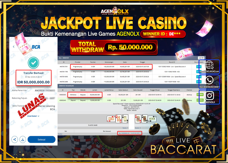 AGENOLX JACKPOT  LIVE CASINO BACCARAT Rp 50.000.000,- LUNAS