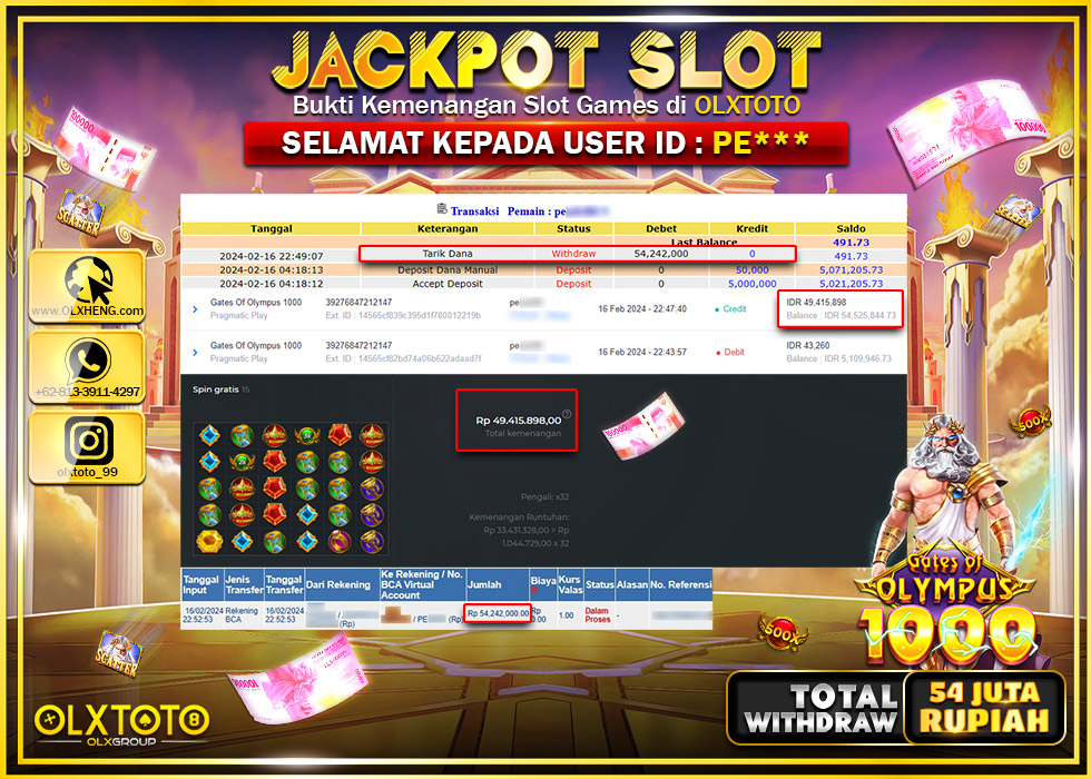 OLXTOTO JACKPOT SLOT GATES OF OLYMPUS 1000 Rp.54.242.000.,- LUNAS