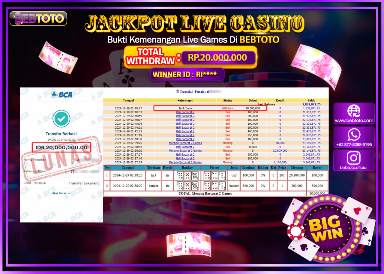 JACKPOT LIVE CASINO BEBTOTO BACCARAT 2 GAMES Rp.20.000.000.,- LUNAS