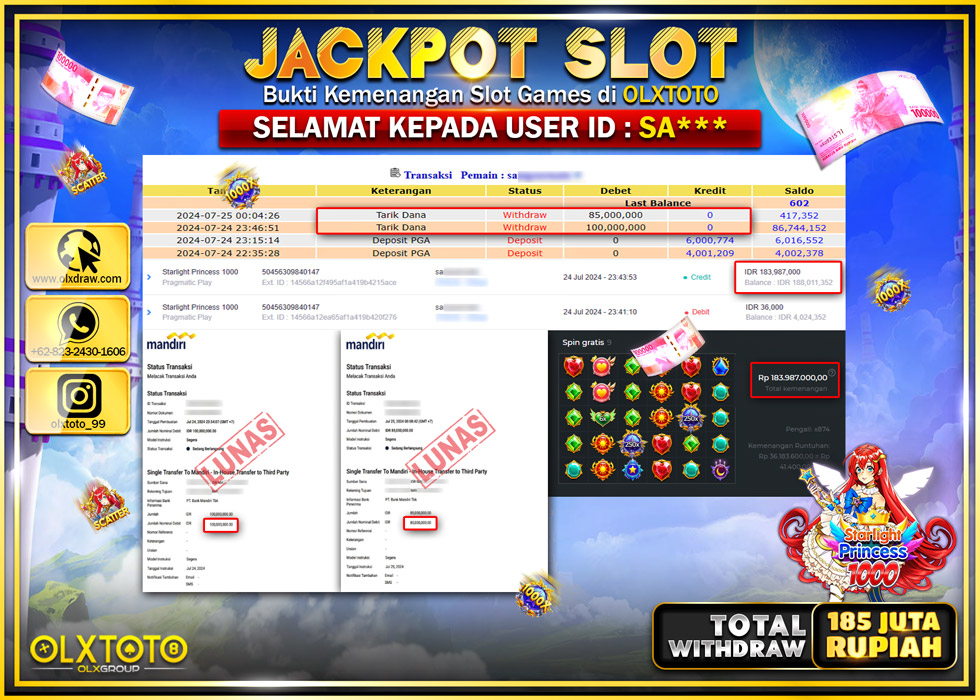 OLXTOTO JACKPOT  SLOT STARLIGHT PRINCESS 1000 Rp.185.000.000.,- LUNAS