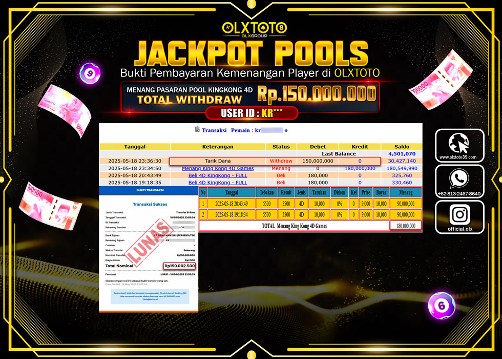 BINTANGSLOT77 JACKPOT TOGEL PASARAN POOL KINGKONG 4D Rp.150.000.000.,- LUNAS