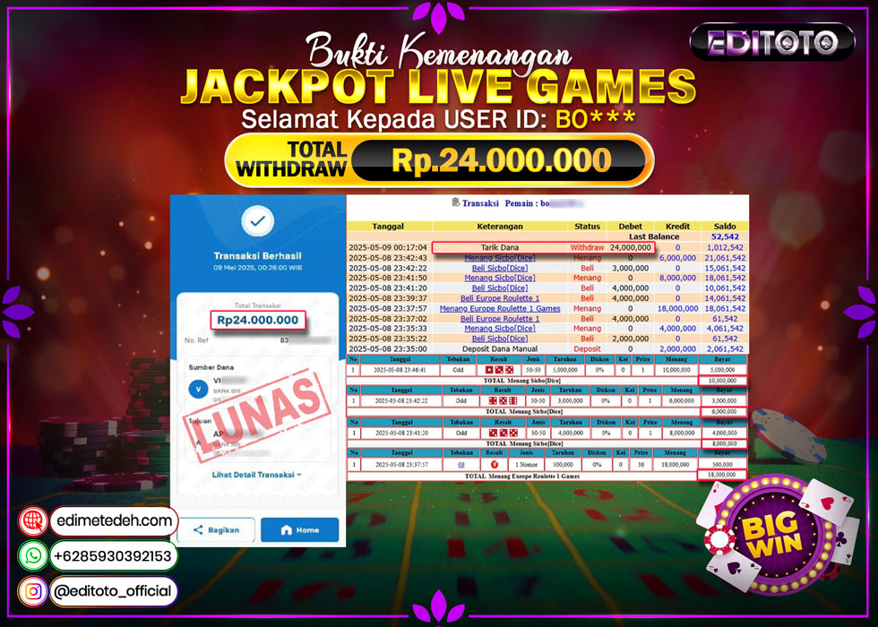 JACKPOT EDITOTO LIVE GAME SICBO DICE Rp.24.000.000.,- LUNAS