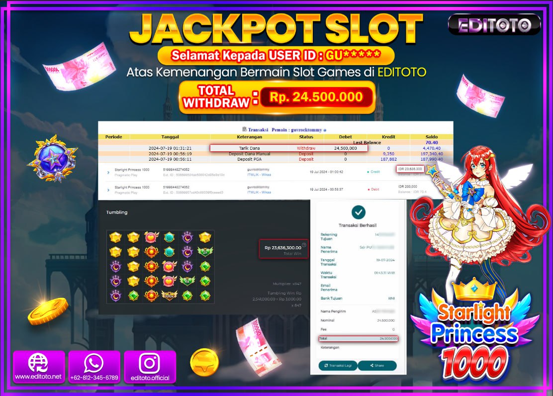JACKPOT SLOT EDITOTO Starlight Princess 1000 Rp.24.500.000.,- LUNAS