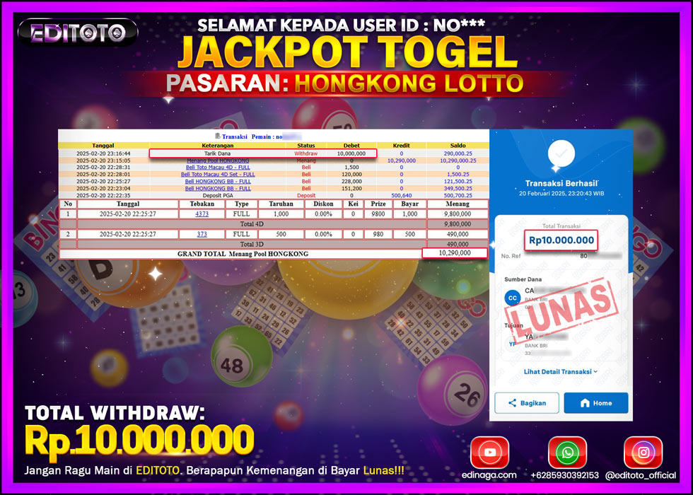 JACKPOT TOGEL PASARAN HONGKONG LOTTO Rp.10.000.000.,- LUNAS