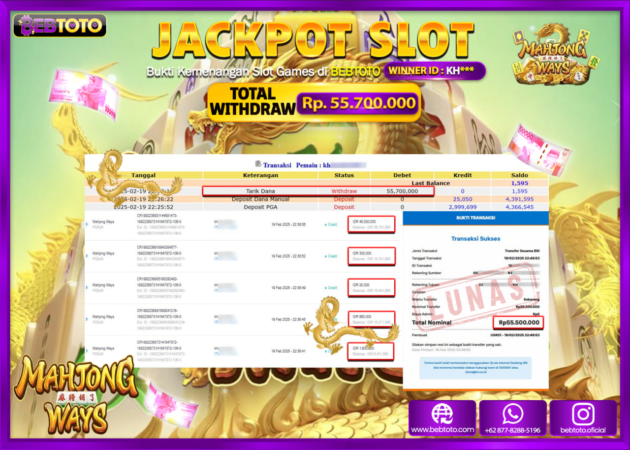 JACKPOT SLOT BEBTOTO MAHJONG WAYS Rp.55.700.000.,- LUNAS