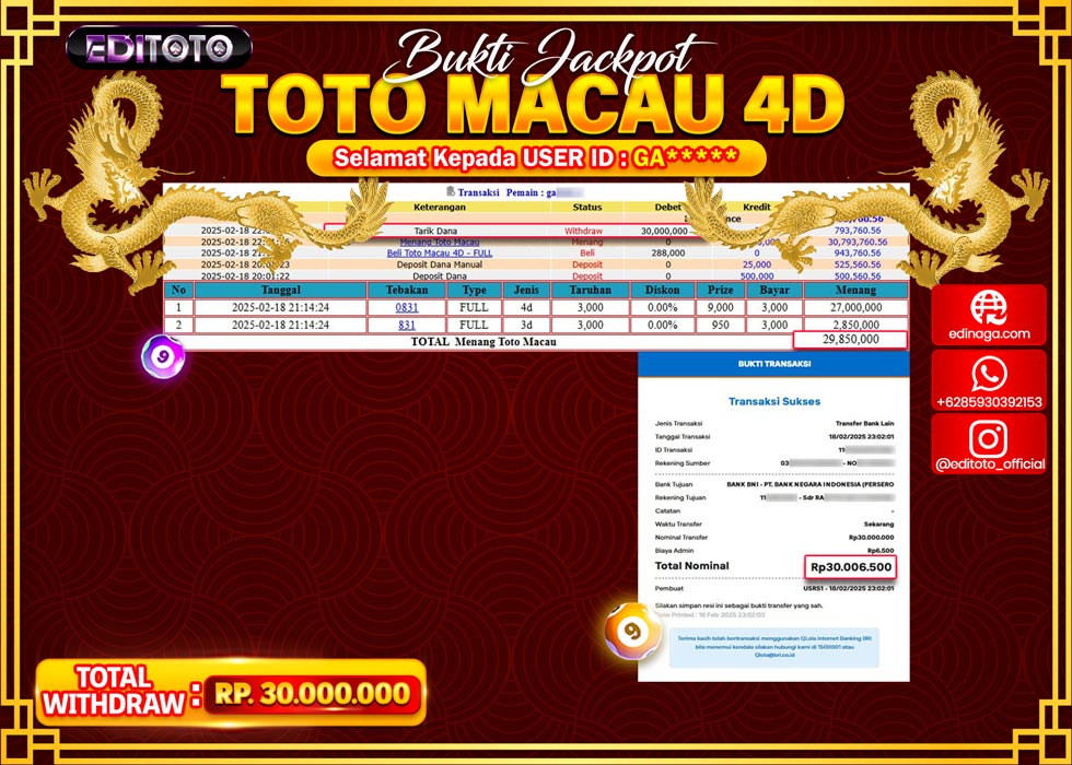 JACKPOT TOGEL PASARAN TOTOMACAU 4D Rp.30.000.000.,- LUNAS