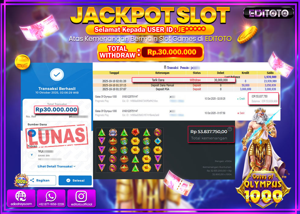 JACKPOT EDITOTO SLOT GATES OF OLYMPUS 1000 Rp.30.000.000,- LUNAS 