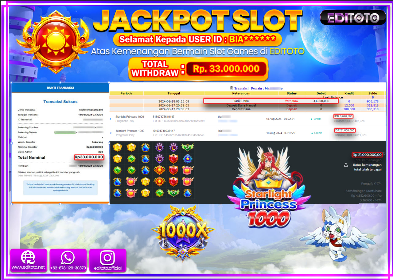 JACKPOT SLOT STARLIGHT PRINCESS 1000  Rp.33.000.000.,- LUNAS
