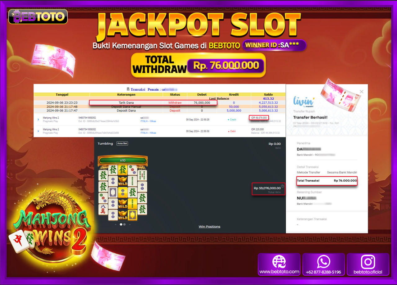 JACKPOT SLOT BEBTOTO MAHJONG WINS 2 Rp.76.000.000.,- LUNAS