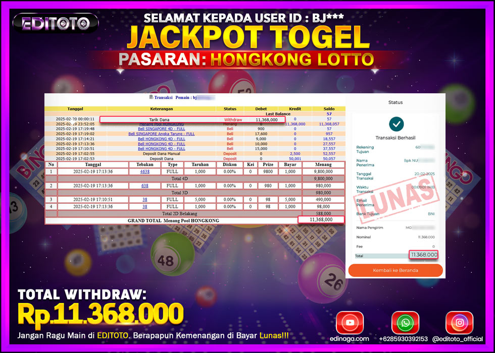 JACKPOT TOGEL PASARAN HONGKONG LOTTO Rp.11.368.000.,- LUNAS