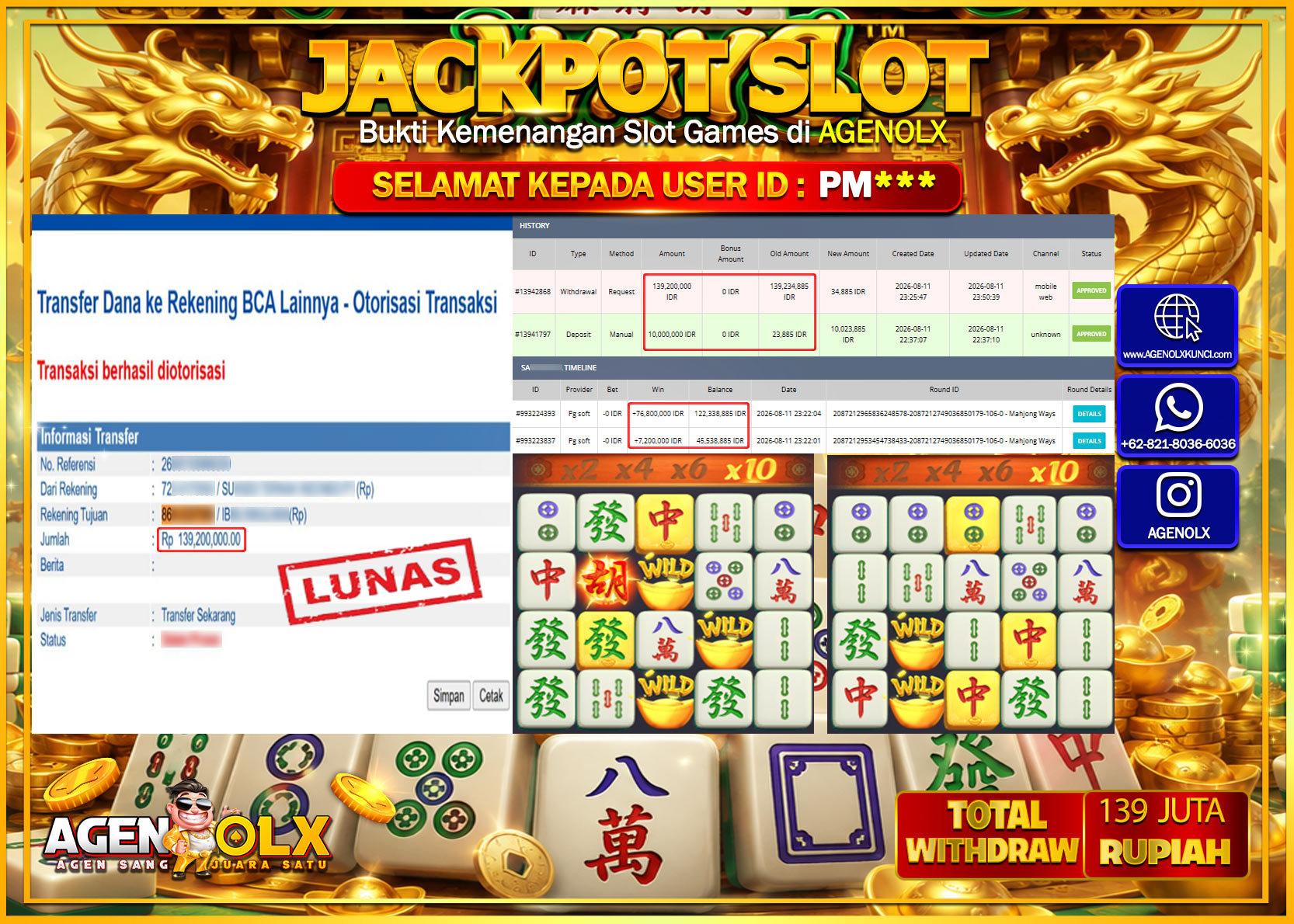 AGENOLX JACKPOT SLOT  MAHJONG WAYS  Rp 139.200.000 -LUNAS