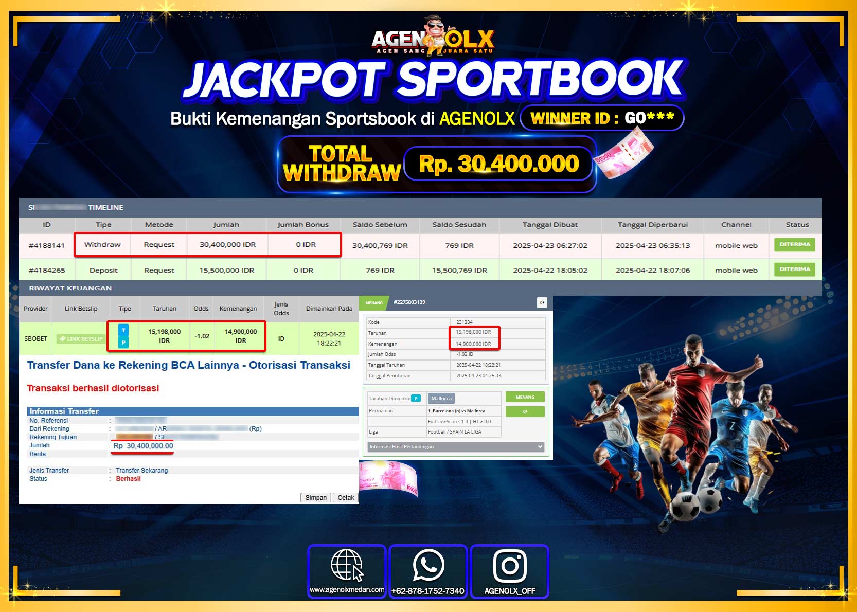 AGENOLX JACKPOT SPORTBOOK Rp 30.400.000,- LUNAS