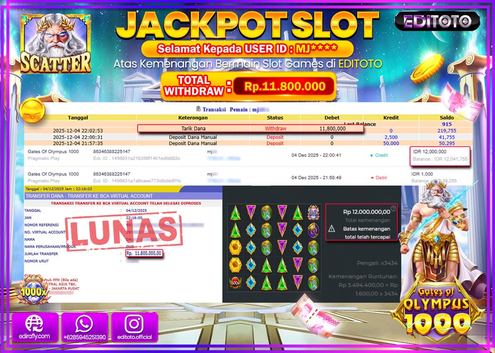 JACKPOT EDITOTO SLOT GATES OF OLYMPUS 1000  Rp.11.800.000,- LUNAS  