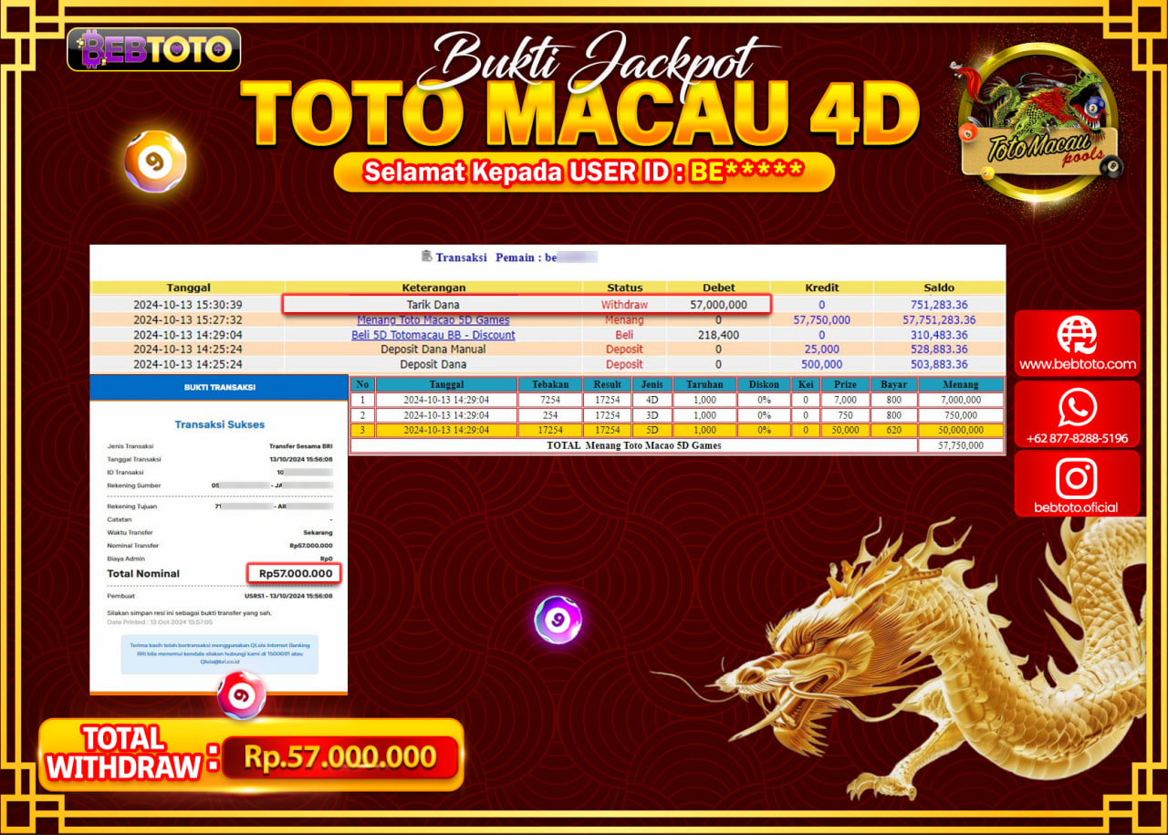 JACKPOT LIVE CASINO BEBTOTO TOTO MACAU Rp.57.000.000.,- LUNAS