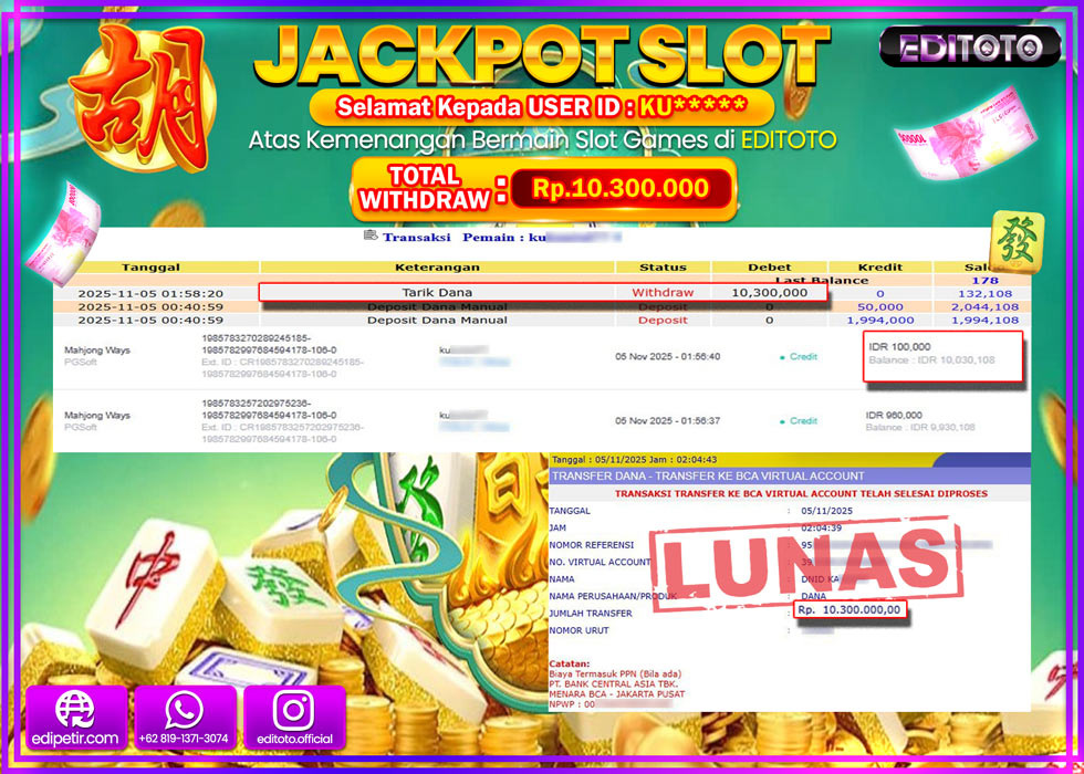JACKPOT EDITOTO SLOT MAHJONG WAYS Rp.10.300.000,- LUNAS