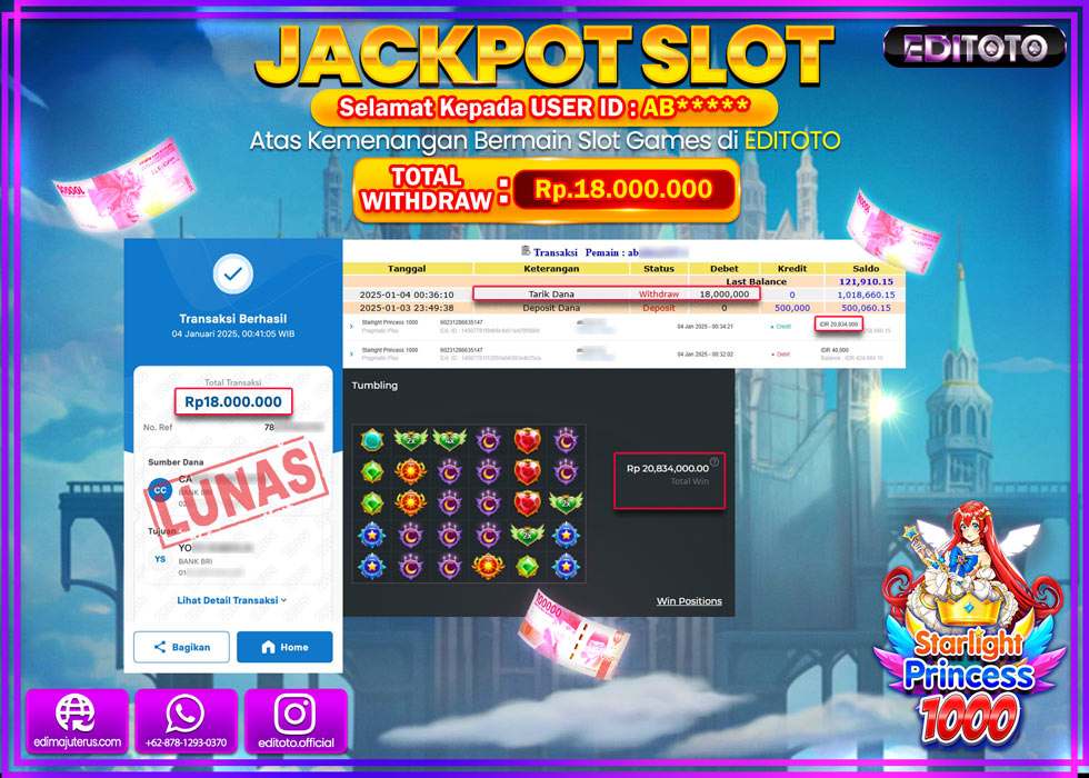 JACKPOT SLOT STARLIGHT PRINCESS 1000 Rp.18.000.000.,- LUNAS