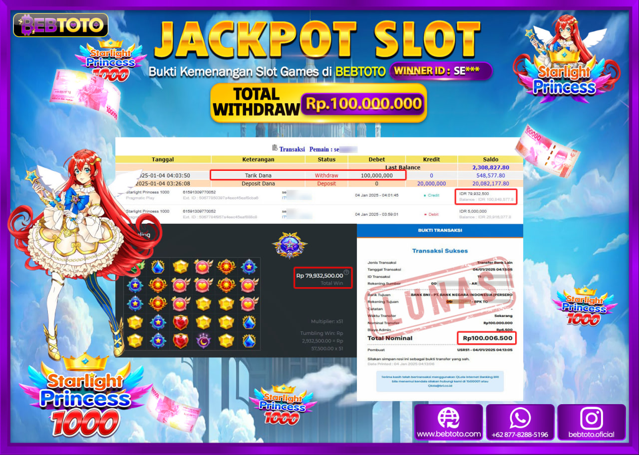 JACKPOT SLOT BEBTOTO STARLIGHT PRINCESS 1000 Rp.100.000.000.,- LUNAS