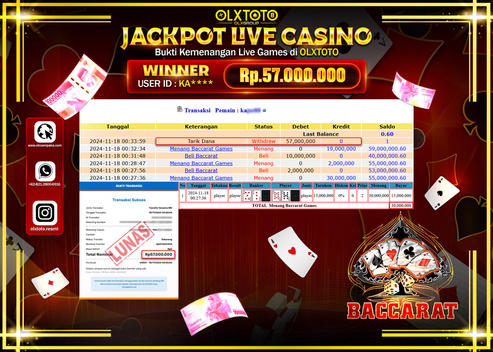 OLXTOTO JACKPOT  LIVE GAMES BACCARAT  Rp.57.000.000.,- LUNAS