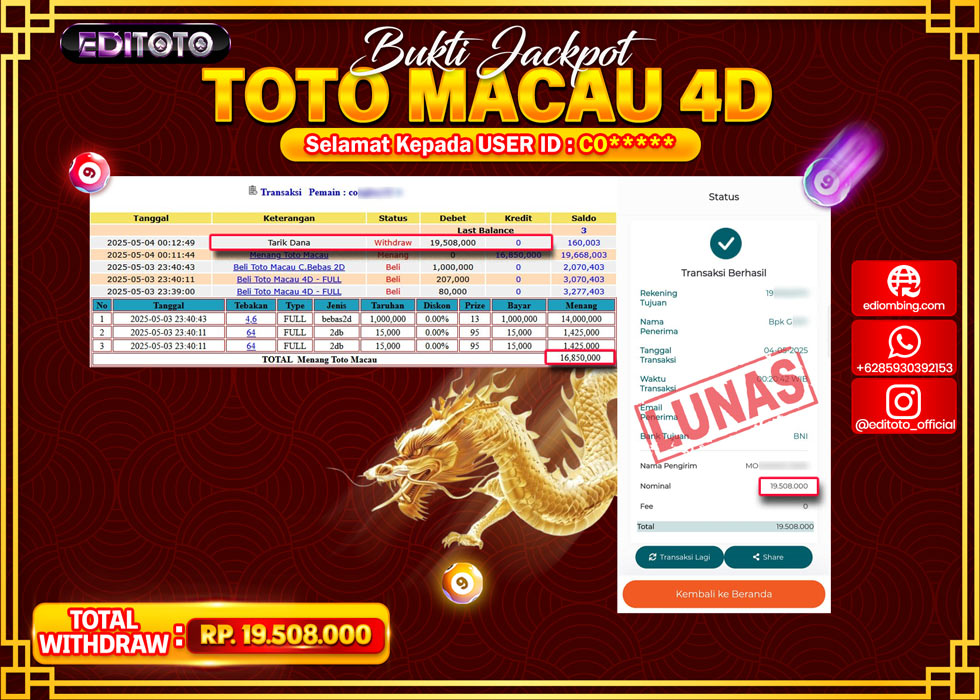 JACKPOT EDITOTO TOGEL PASARAN MACAU 4D Rp.19.508.000.,- LUNAS