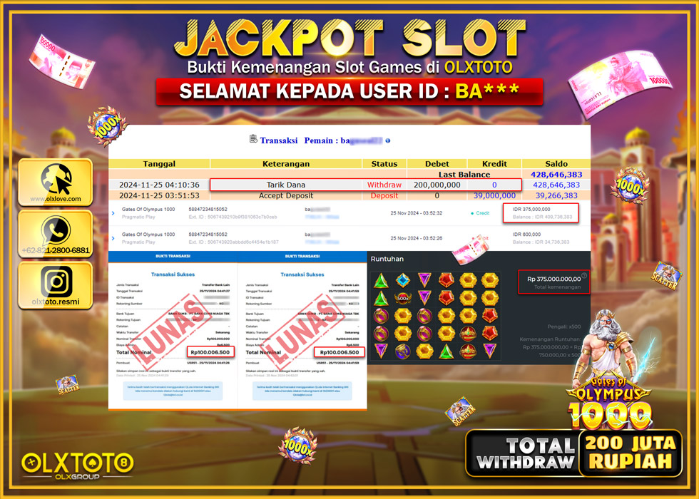 OLXTOTO JACKPOT  SLOT GATES OF OLYMPUS 1000 Rp.200.000.000.,- LUNAS