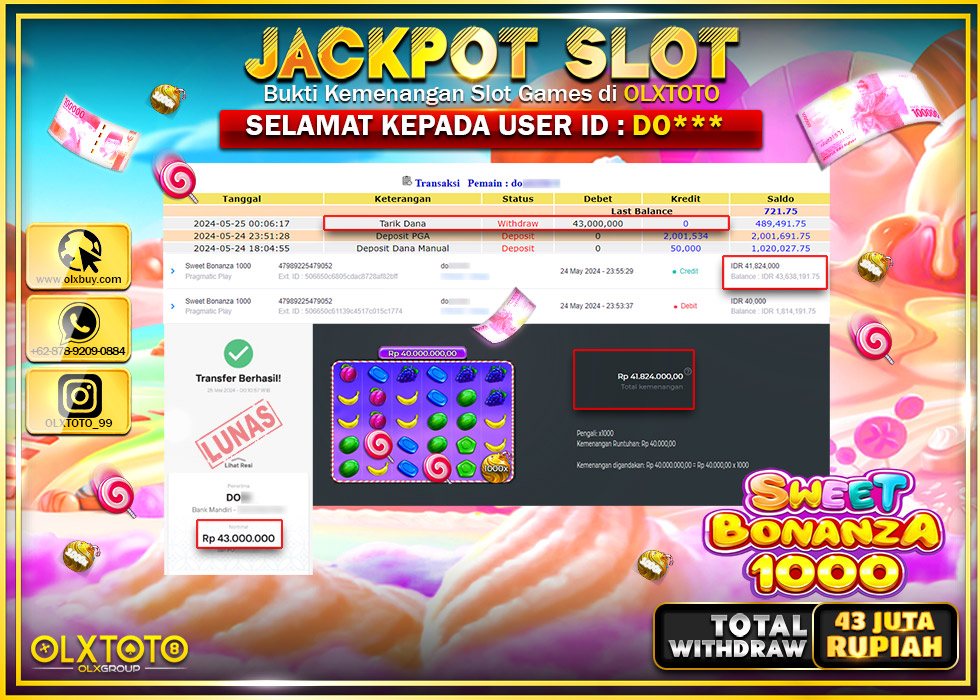 OLXTOTO JACKPOT SLOT SWEET BONANZA 1000  Rp.43.000.000.,- LUNAS