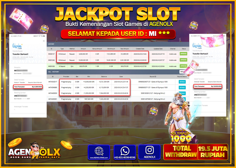 AGENOLX JACKPOT SLOT GATE OFF OLYMPUS 1000 Rp 19.500.000,- LUNAS
