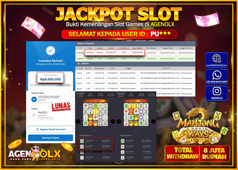 AGENOLX JACKPOT SLOT MAHJONG WAYS Rp.8.000.000,- LUNAS