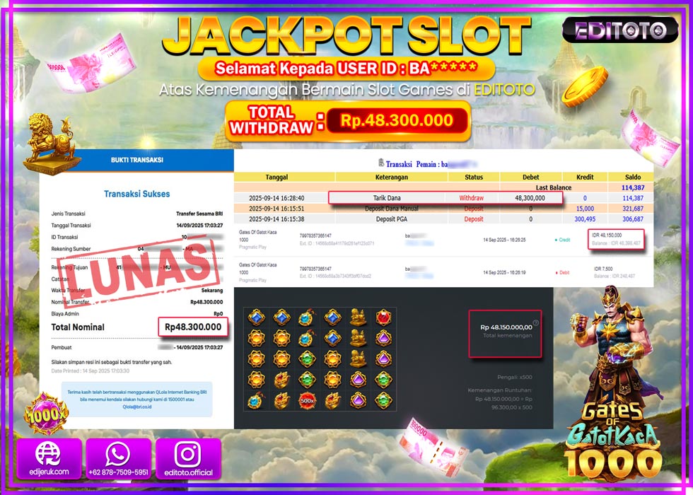 JACKPOT EDITOTO SLOT GATES OF GATOT KACA 1000 Rp.48.300.000,- LUNAS 