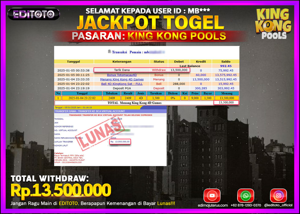 JACKPOT TOGEL PASARAN KING KONG POOLS Rp.13.500.000.,- LUNAS