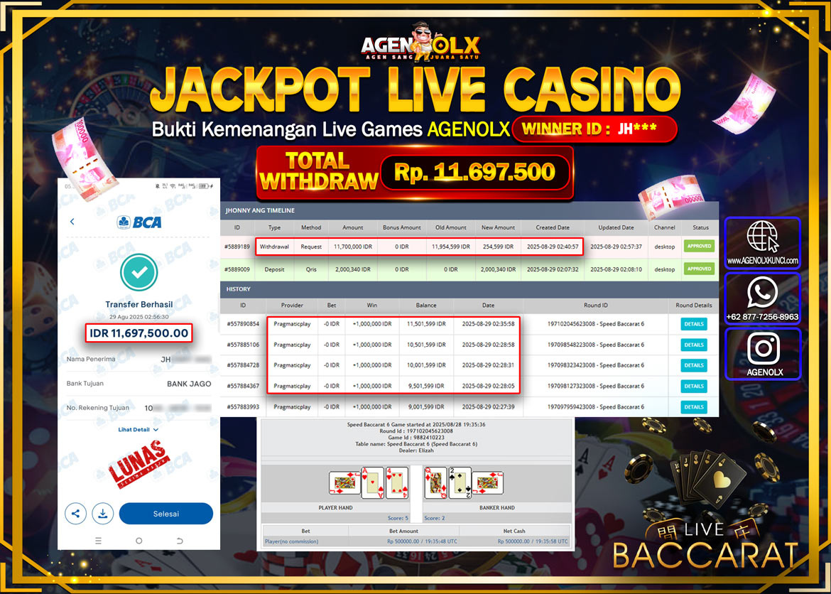 AGENOLX JACKPOT LIVE CASINO  Speed Baccarat 6 Rp 11,700,000,- LUNAS