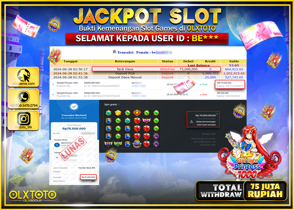 OLXTOTO JACKPOT SLOT STARLIGHT PRINCESS 1000   Rp.75.000.000.,- LUNAS