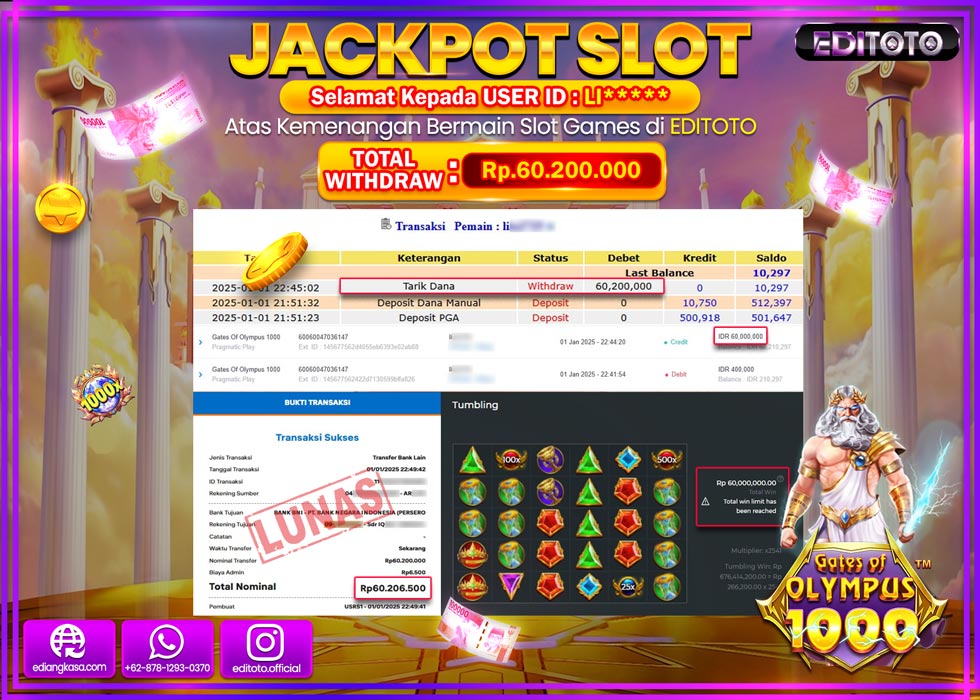 JACKPOT SLOT GATES OF OLYMPUS 1000 Rp.60.200.000.,- LUNAS
