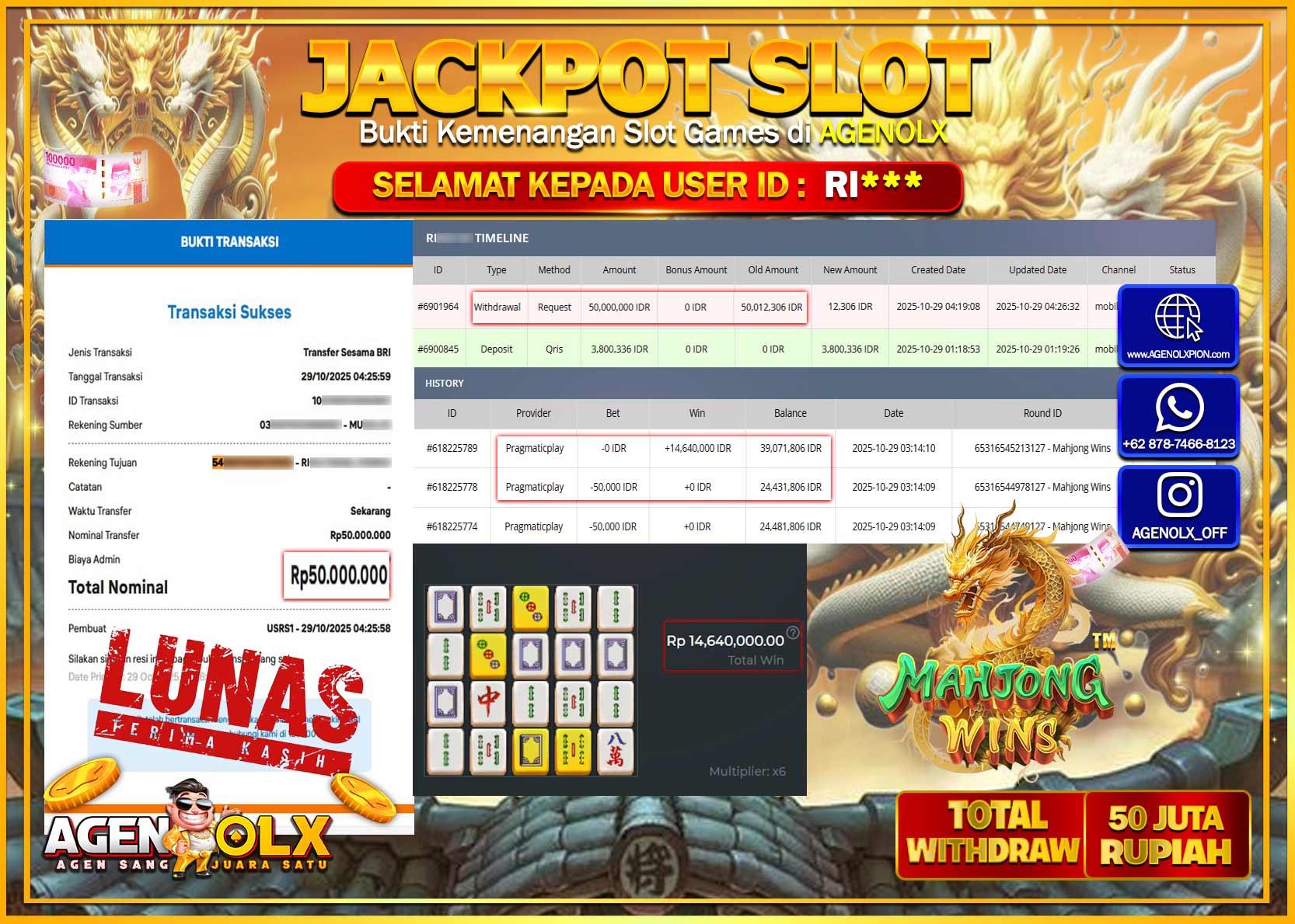 AGENOLX JACKPOT SLOT MAHJONG WINS Rp 50,000,000,- LUNAS